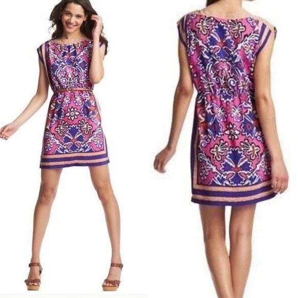 NWT LOFT Pink Purple Geometric Floral Print Dress Cap Sleeve Cinch Waist~S💚 - Picture 1 of 9